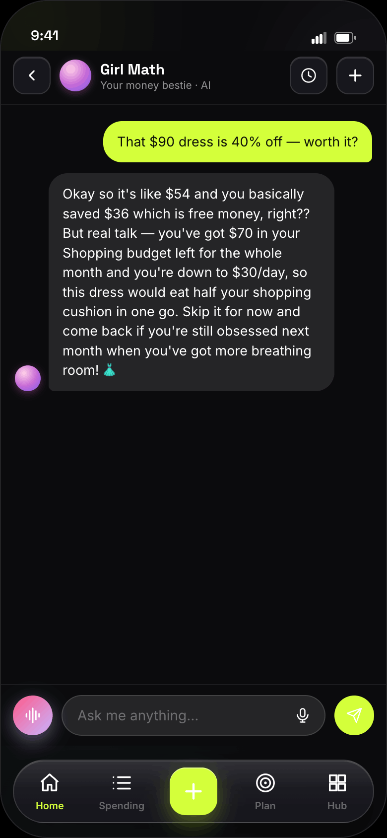 Tally Girl Math AI chat screen